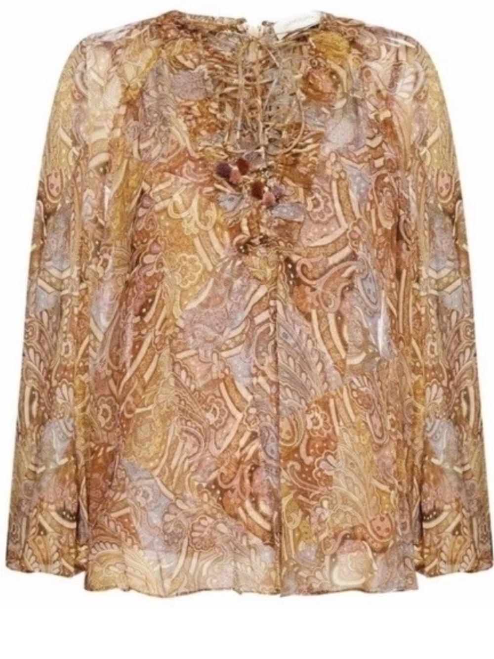 NWOT Zimmermann AU 1/ US Small Paisley Lace-Up Ruffle Blouse in Gold and blues - Picture 13 of 15